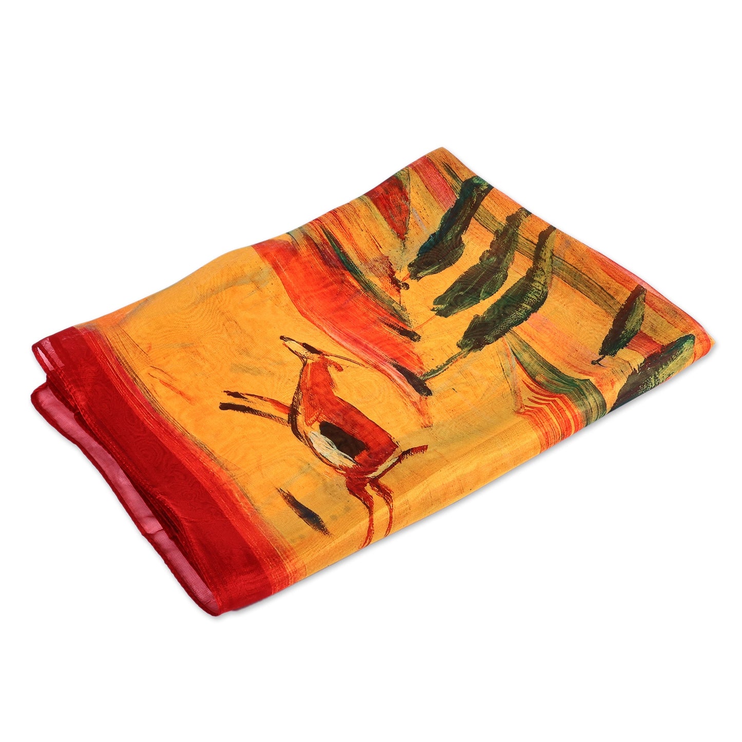 Armenian-Inspired Hand-Painted Sheer Soft Silk Chiffon Scarf - Gazelle Fable